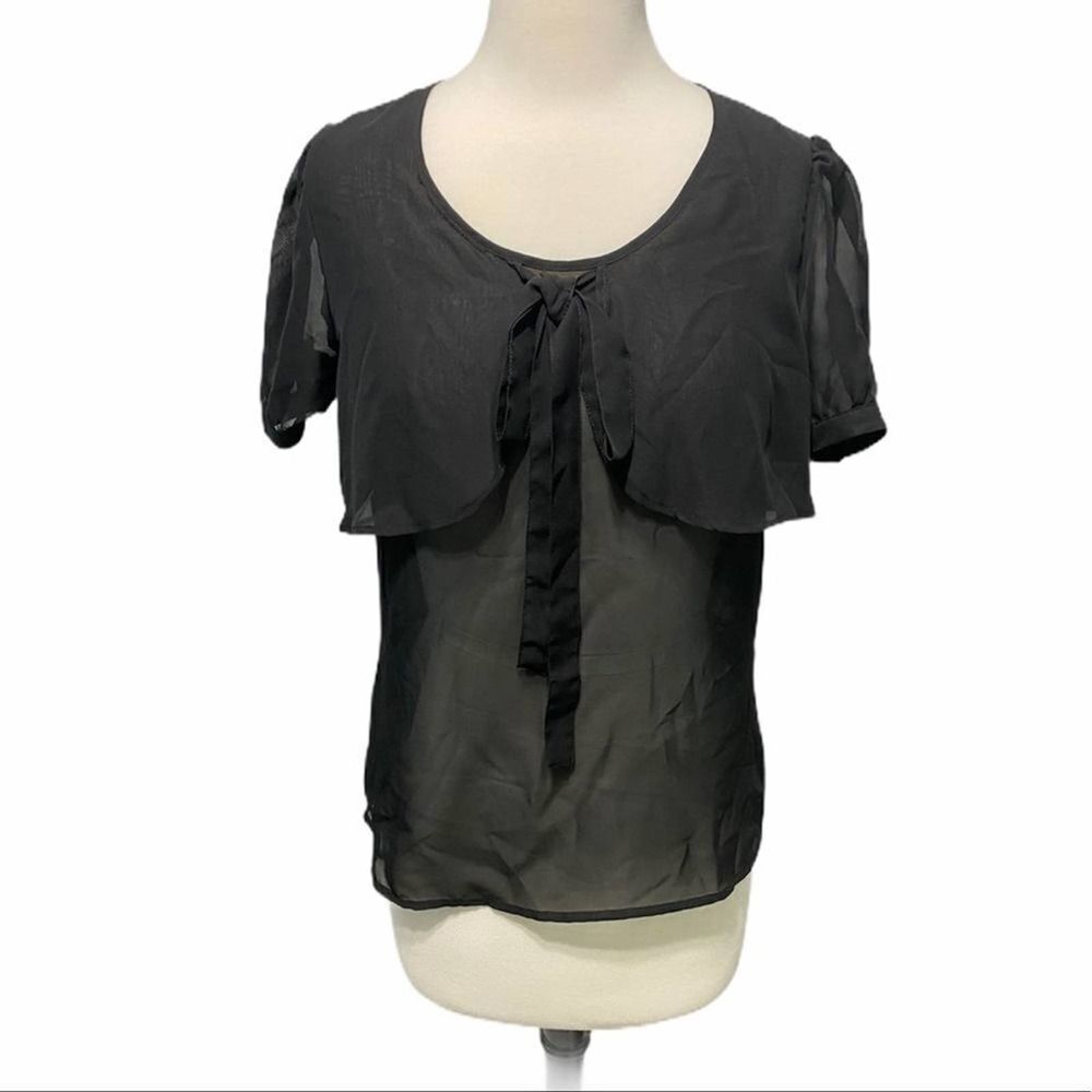 Kardashian Kollection Sheer Tie Bow Front Top Blouse Keyhole Back Black Medium